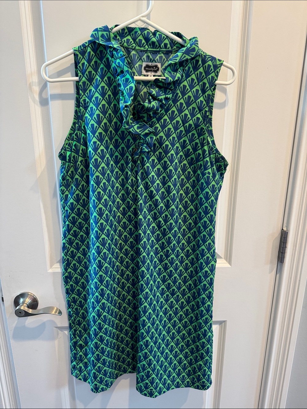 Mud Pie Green and Blue Sleeveless Ruffle Neck Dress